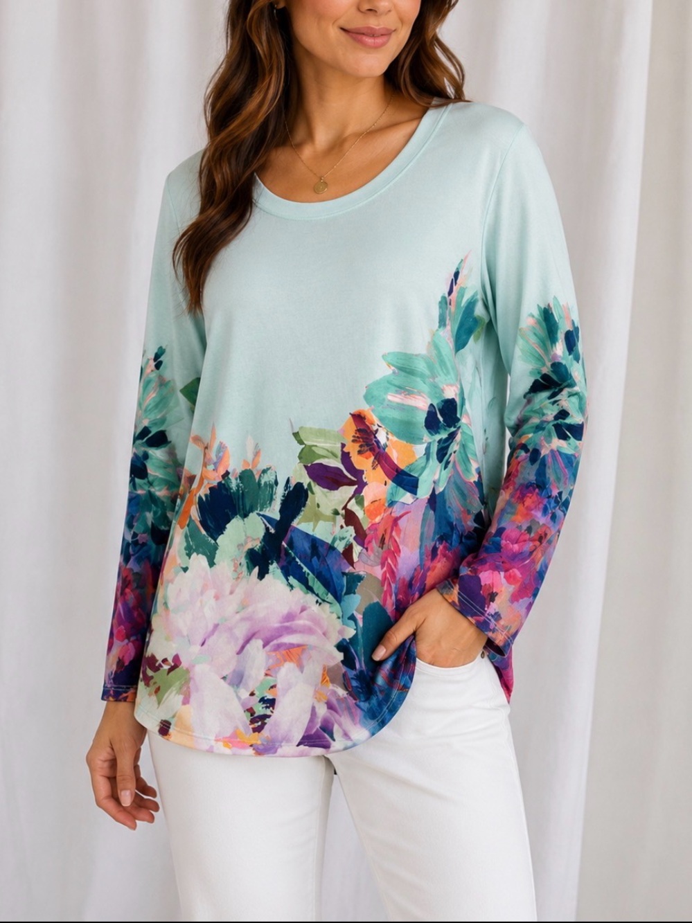 Soft Surroundings PM Mint Floral Print Long Sleeve Knit Top